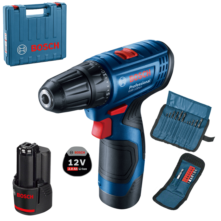 Masina de gaurit si insurubat (bormasina) pe acumulator Bosch Professional 06019G8002, 12 V, 14/30 Nm, 1500 RPM, 2 acumulatori, incarcator, valiza profesionala, set 23 burghie si biti cu suport