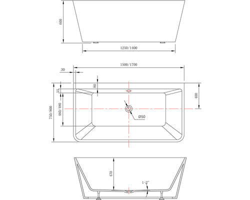 Cada Baie Dreptunghiulara Freestanding Linea Wall, Acril, 170x80 cm, 350 l, Negru