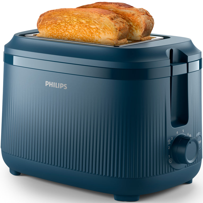 Prajitor de paine Philips HD2511/70 seria 3000, 900 W, 8 setari de rumenire, 2 fante mari cu auto-centrare, maneta de ridicare, gratar pentru incalzirea chiflelor, oprire automata, tava de firimituri detasabila, buton de oprire instantanee, albastru