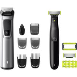 Set OneBlade & Aparat de tuns barba si parul 12 in 1 Philips Multigroom MG9710/90, lame metalice cu auto-ascutire, 6 piepteni, rezistent la dus, husa, Negru / Argintiu
