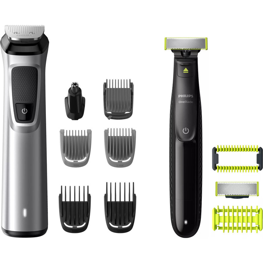 Set OneBlade & Aparat de tuns barba si parul 12 in 1 Philips Multigroom MG9710/90, lame metalice cu auto-ascutire, 6 piepteni, rezistent la dus, husa, Negru / Argintiu