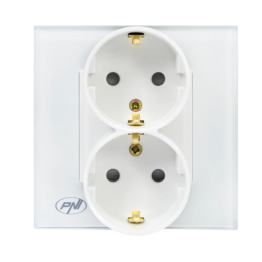 Priza dublaincastrabila PNI WP222W, cu rama din sticla, Alb