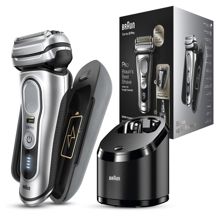 Aparat de ras electric Braun Series 9 Pro 9477cc Wet&Dry, 40.000 de actiuni de taiere, 5 elemente de taiere, Prolift Trimmer, SensoFlex, AutoSense, Statie de incarcare si curatare, Trusa de voiaj cu functie de incarcare, Argintiu