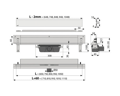 Rigola Dus cu Gratar Plin APZ5 SPA-SHADE 650 mm Instalare in Perete, Gri