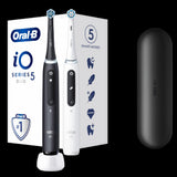 Set 2 x Periuta de dinti electrica Oral-B iO5 cu Tehnologie Magnetica si Micro-Vibratii, Inteligenta artificiala, Display conversational, Senzor de presiune Smart, 5 moduri, 2 capete, 1 incarcator, Alb/Negru