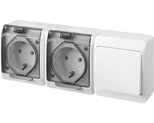Intrerupator & Priza Dubla Hermes Ip44 Alb, Montaj Aplicat Orizontal
