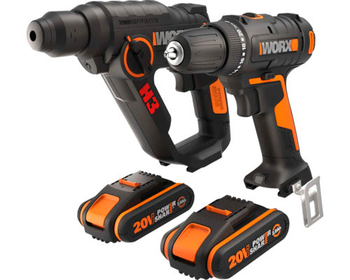 Set Masina De Gaurit & Insurubat Worx Wx101.9 20v Max. 30nm Si Ciocan Rotopercutor Worx Wx390.9, Cu 2 Acumulatori
