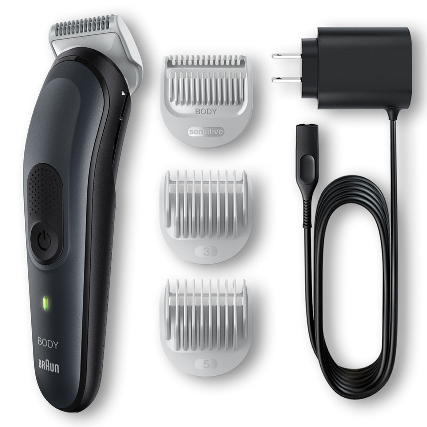 Aparat de tuns corporal Braun BG3350, Tehnologie SkinShield, pieptene pentru zone sensibile, autonomie 80 min, gri/negru