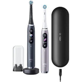 Set 2 x Periuta de dinti electrica Oral-B iO9 cu Tehnologie Magnetica si Micro-Vibratii, Inteligenta artificiala, Display led, Senzor de presiune Smart, Timer vizibil, 7 moduri, 1 incarcator magnetic, 1 Trusa de calatorie cu incarcator, Negru/Roz