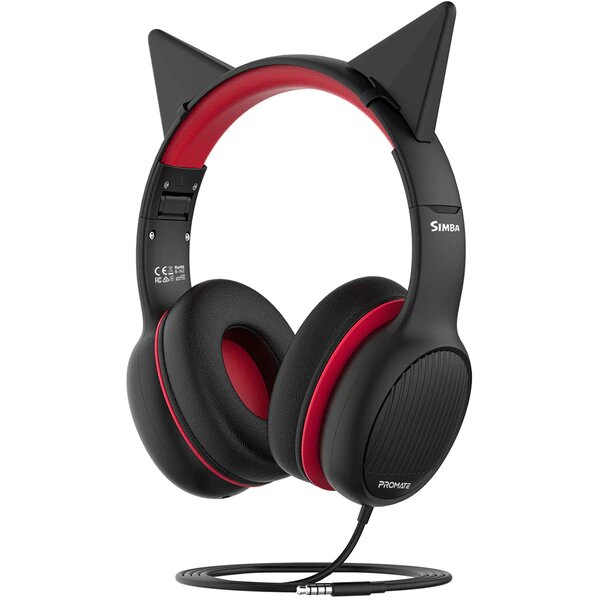 Casti Pentru Copii PROMATE Simba, Cu fir, On-ear, Negru-Rosu