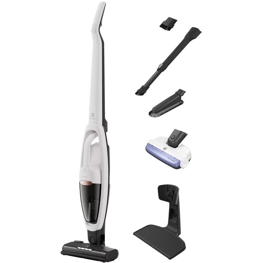 Aspirator vertical Electrolux Seria 500 ES52HB25SH, 25.2V, 2000 mAh, 3 trepte de putere, perie multisuprafete PowerPro cu lumina LED, perie BedPro+ cu lumina UV pentru tapiterie, duza cu peri fini pentru mobila, autonomie max 55 min, alb scoica