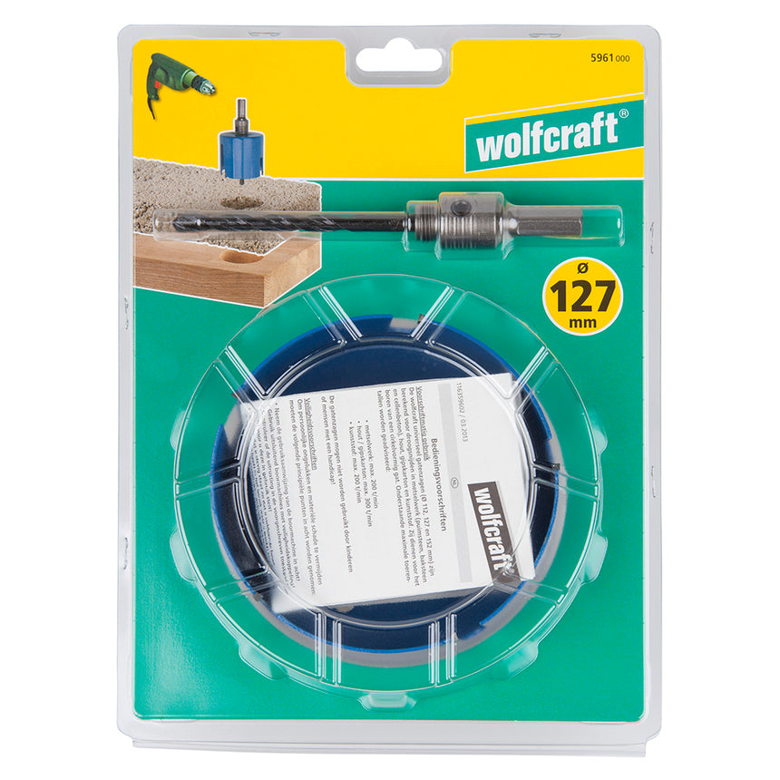 Carota universala completa Wolfcraft 5961000, diametru 127 mm, cu burghiu de centrare HM cu diametrul de 8 mm si tija hexagonala