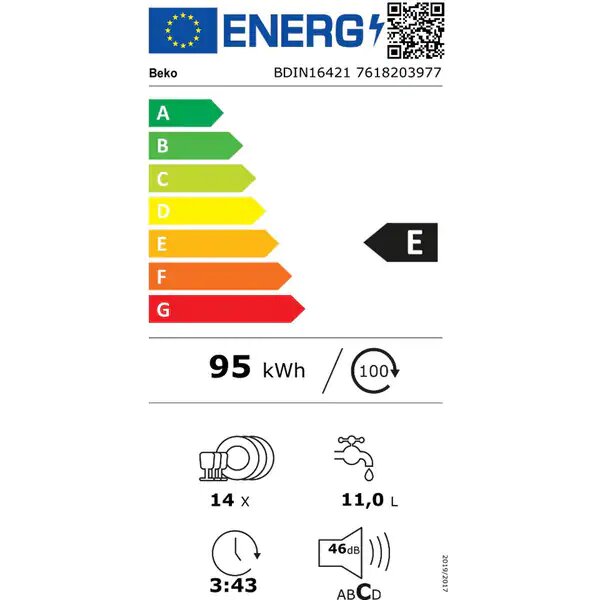 Masina de spalat vase incorporabila Beko BDIN16421, 14 seturi, 6 programe, Clasa E, Motor ProSmart Inverter, Hygiene Intense, Clean&Shine, Mini 30',Fast+, 60 cm