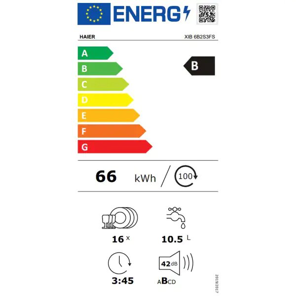 Masina de spalat vase incorporabila Haier XIB 6B2S3FS , 16 seturi, 12 programe, Aquastop, Senzor incarcare, WiFi, Motor BLDC inverter, Clasa B, 60 cm