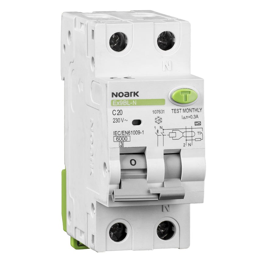 Siguranta electrica automata diferentiala Noark 107631, 1P+N, 2 module, tip AC, 30mA RCBO, 20A