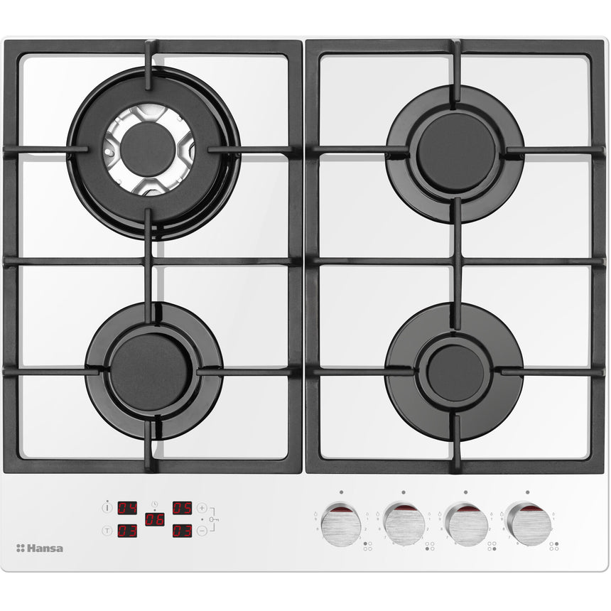 Plita incorporabila Hansa BHKW651599, Gaz, 4 Arzatoare, Arzator wok, Aprindere electrica, Alba