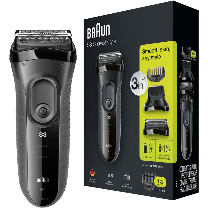 Aparat de ras electric Braun Series 3 3000BT ProSkin Wet&Dry, MicroComb, cap de tuns, 5 piepteni, Saculet de calatorie, Negru