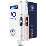 Set 2 x Periuta de dinti electrica Oral-B iO6 cu Tehnologie Magnetica si Micro-Vibratii, Inteligenta artificiala, Display led interactiv, Senzor de presiune Smart, Timer vizibil, 5 moduri, 1 incarcator, Alb/Roz