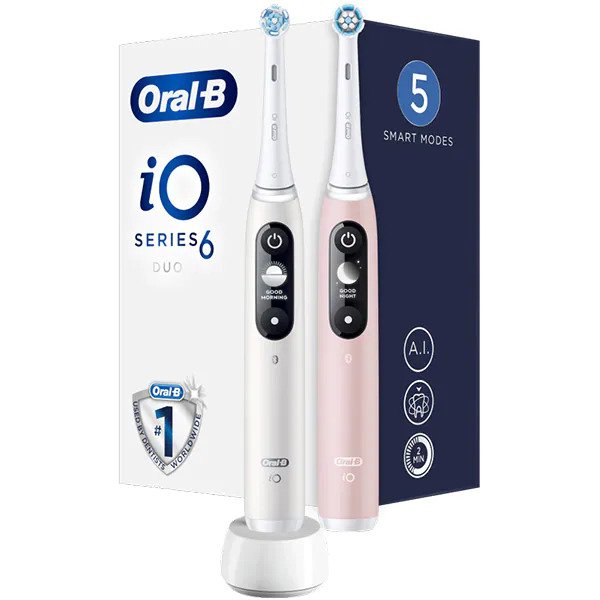 Set 2 x Periuta de dinti electrica Oral-B iO6 cu Tehnologie Magnetica si Micro-Vibratii, Inteligenta artificiala, Display led interactiv, Senzor de presiune Smart, Timer vizibil, 5 moduri, 1 incarcator, Alb/Roz