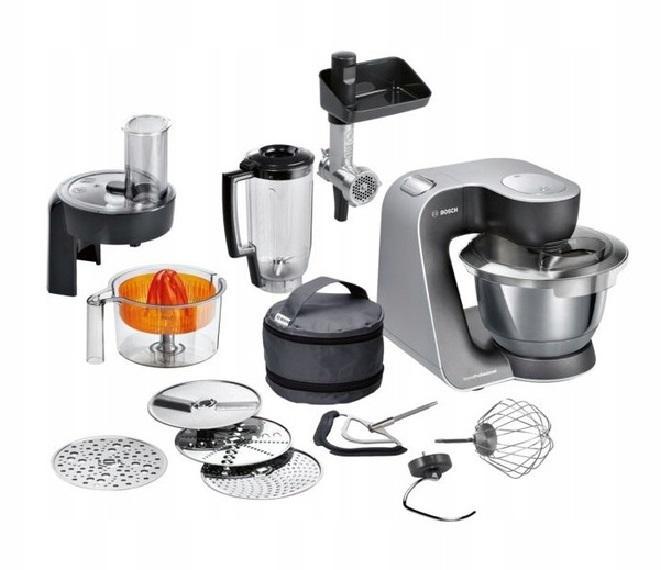 Robot de bucatarie Bosch MUM5 MUM58M59, 1000 W, 7 viteze + Pulse, bol 3.9 l, Blender 1.25l, Masina de tocat, parcare automata pentru modul stand-by, soft star, Negru/ argintiu