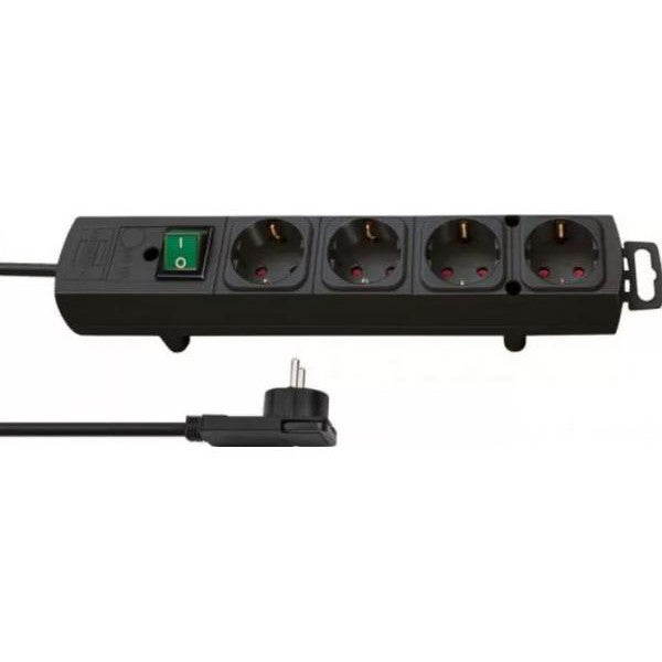Prelungitor Brennenstuhl Comfort-Line Plus, cu stecher plat, intrerupator iluminat, 4 prize, IP20, H05VV-F 3G1.5, 2m, Negru