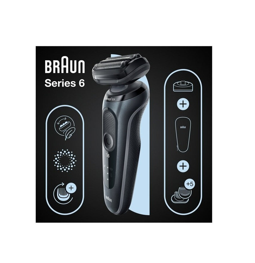 Aparat de ras electric Braun Series 6 61-N4500cs Wet&Dry, AutoSense, 4 elemente de taiere, SensoFlex, Statie de incarcare, accesorii pentru ingrijirea barbii, Trusa de voiaj, Gri