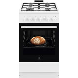 Aragaz Electrolux LKG504012W, Gaz, 4 arzatoare, Aprindere integrata plita si cuptor, Siguranta plita si cuptor, Autocuratare catalitica, Grill electric, Rotisor, 50 cm, Alb