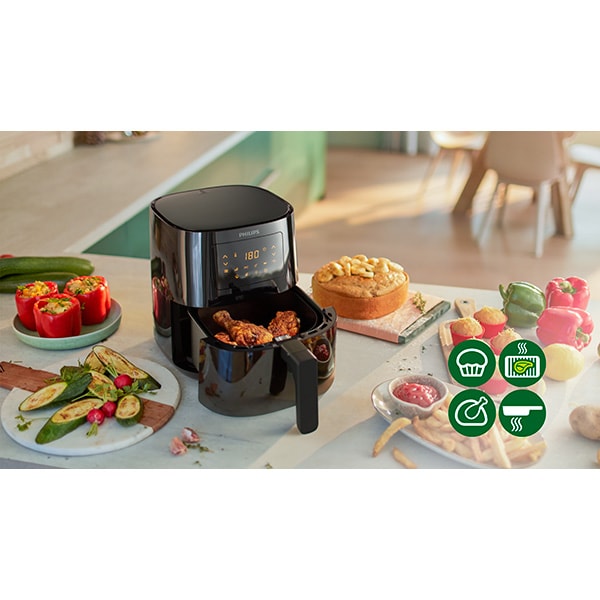 Friteuza cu aer cald Philips Airfryer Essential Collection HD9252/90 compact digital, capacitate 4.1 L, afisaj digital, 7 setari presetate (cartofi congelati, carne, peste, functie de mentinere la cald si multe altele), Curatare usoara