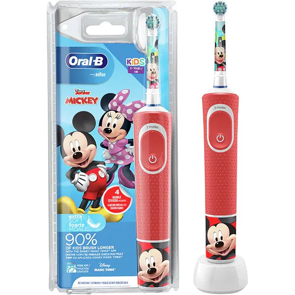 Periuta de dinti electrica Oral-B D100 Vitality Spiderman pentru copii, Curatare 2D, 2 programe, 1 capat, 4 stickere incluse, Rosu
