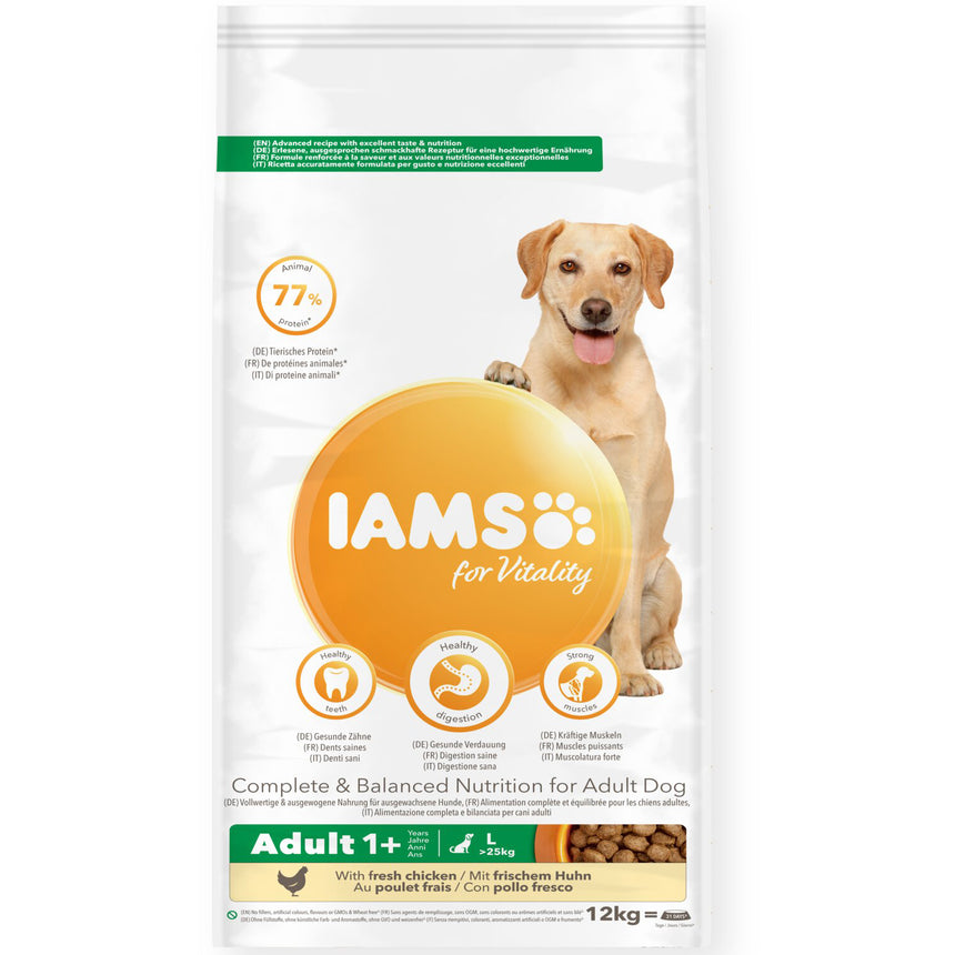Hrana uscata pentru caini IAMS adulti talie mare cu pui, 12 kg