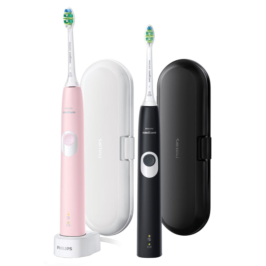 Set de 2 periute electrice sonice Philips Sonicare ProtectiveClean HX6800/35, 62000 miscari/minut, 1 mod de curatare, 2 intensitati, functie Brush Sync, senzor presiune, 2 tocuri de transport, 2 capete de periere, Negru/Roz pastel