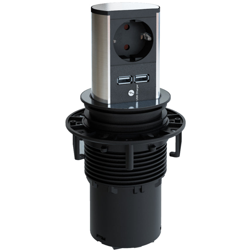Multipriza incorporabila pentru blat de bucatarie Bachmann Elevator 1xSchuko, 2xUSB 3.1A 5VDC, cordon 2m, H05VV-F3G1,5mm² + stecker Schuko montabil