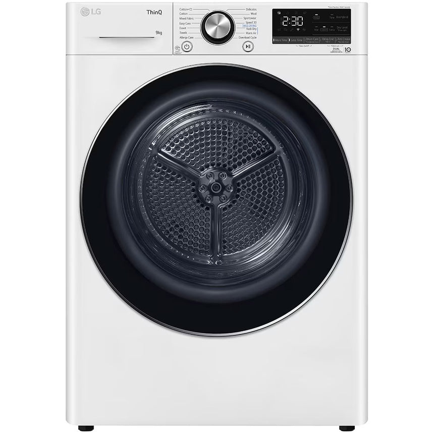 Uscator de rufe LG RH90V9AV2N, Pompa de caldura DUAL Inverter, 9 kg, 14 programe, Clasa C, Auto-curatare condensator, Eco Hybrid, ThinQ, Alb