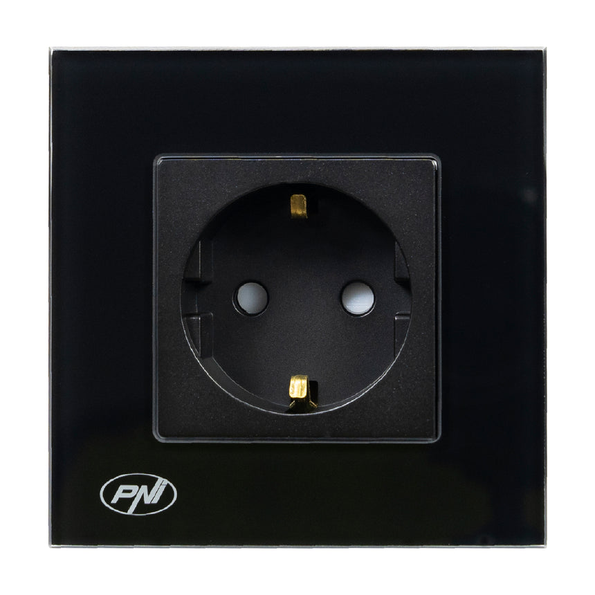 Priza simpla incastrabila PNI WP101B, cu rama din sticla, 16A, 3700W, 230V, negru