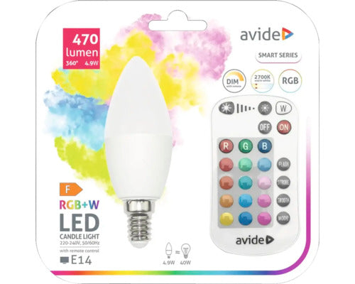 Bec Led Rgbw Avide E14 4, 9w 470 Lumeni, Glob Mat Lumanare, Cu Telecomanda