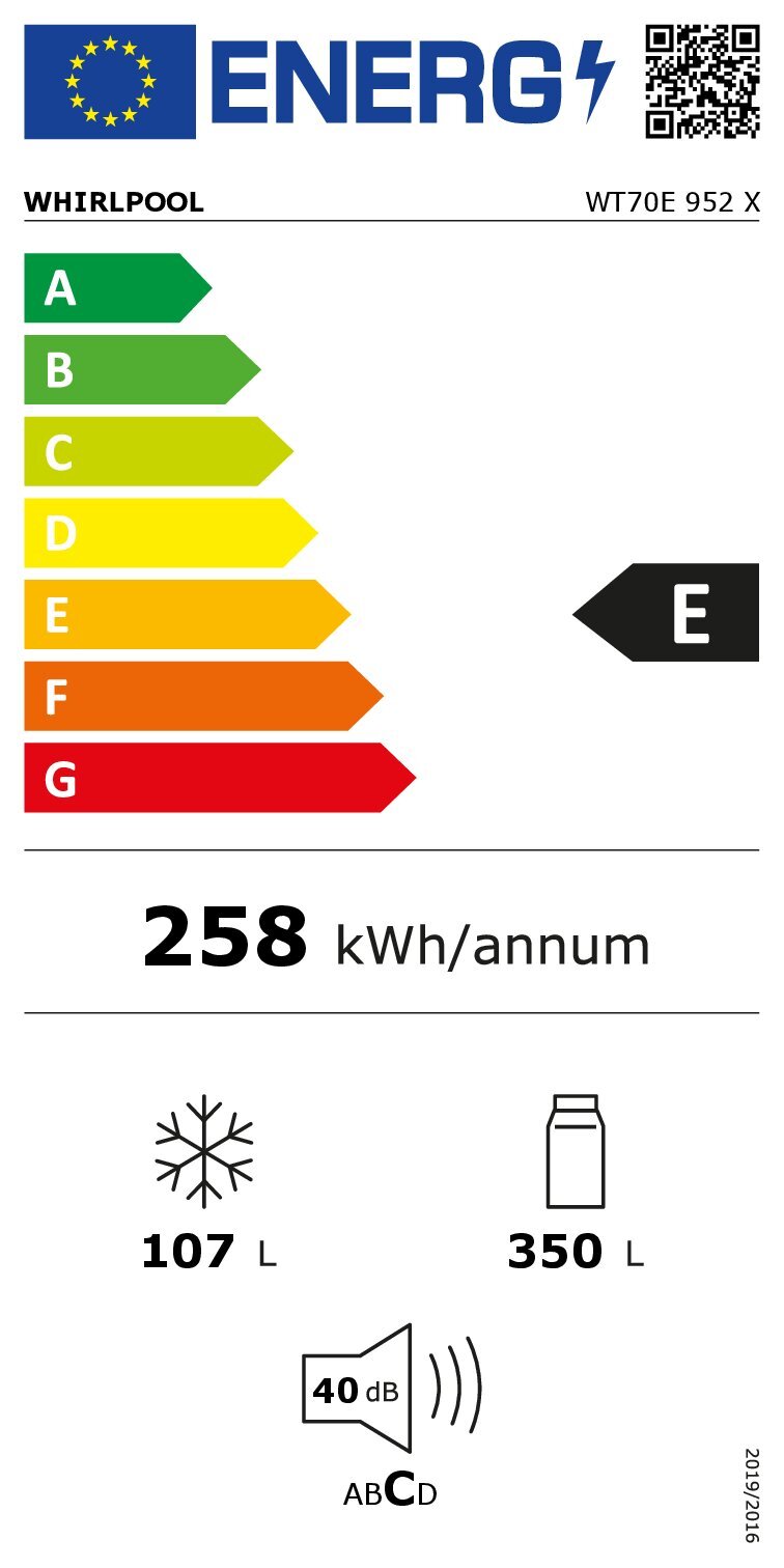Frigider cu doua usi Whirlpool WT70E952X, 419 l, Total NoFrost, Tehnologia al 6-lea Simt, Display Digital, Clasa E, H 190 cm, Inox