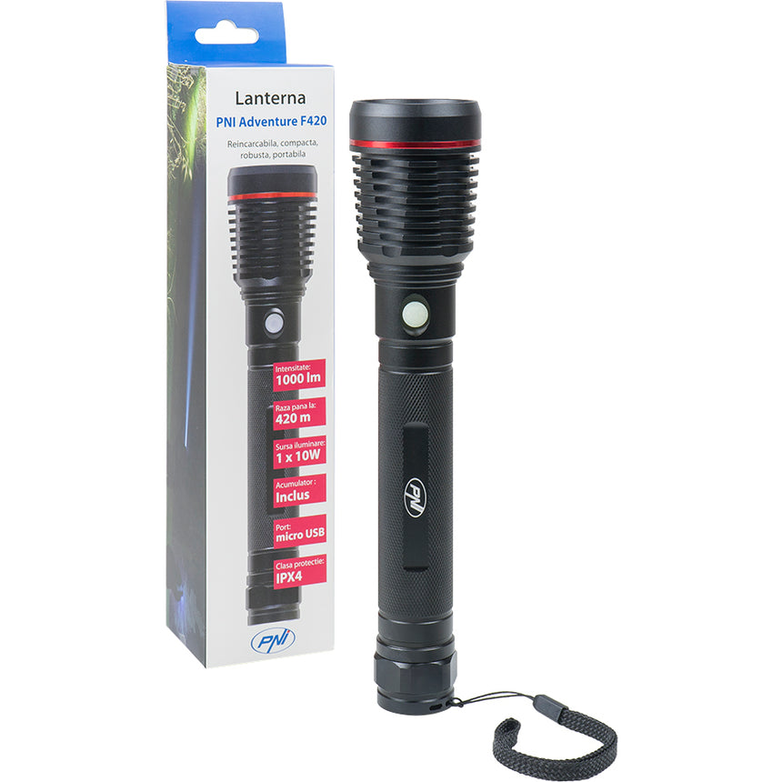 Lanterna LED PNI Adventure F420, 10W, 1000 lm cu acumulator si micro USB, IPX4, Aluminiu