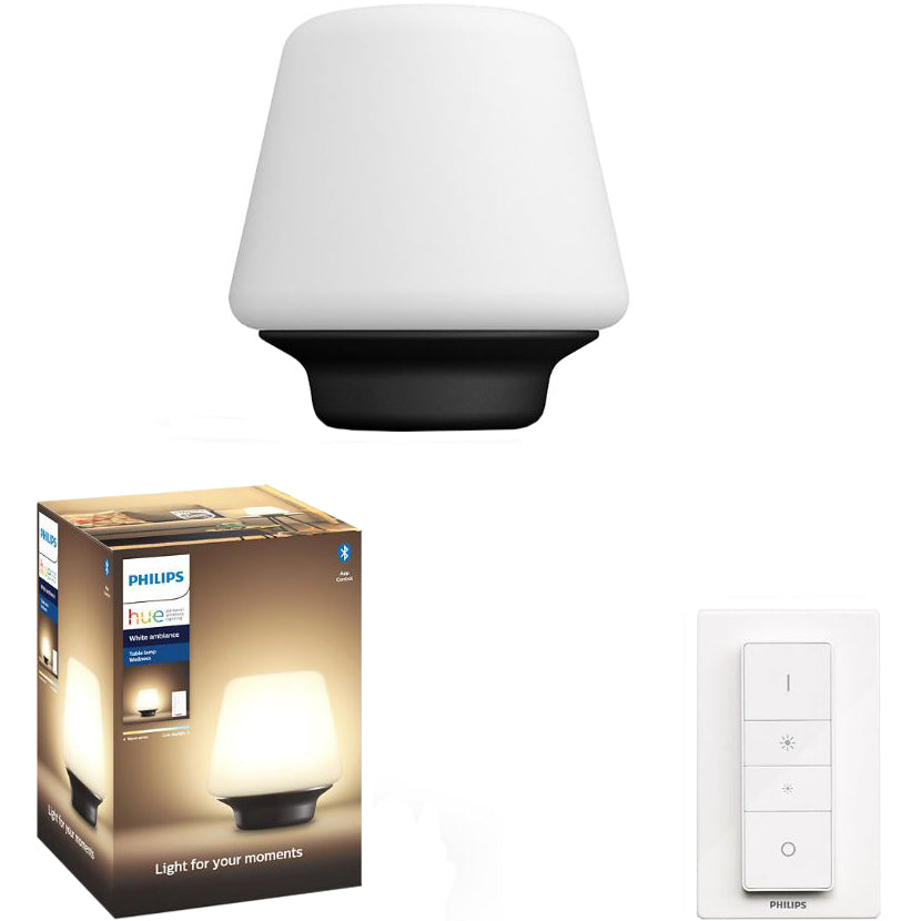 Lampa de masa cu LED integrat + E27 Philips Wellness Hue, ZigBee Light Link, Bluetooth, 8.5W (60W), 806 lm, lumina ambianta alba (2200-6500K), 18.6 cm, Negru, Intrerupator cu variator inclus