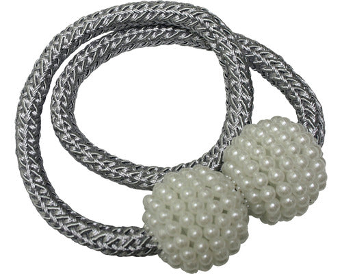 Clema Magnetica Flex-v Cu Perle Si Snur Pentru Draperie, Argintiu, 48 Cm, Set 2 Buc
