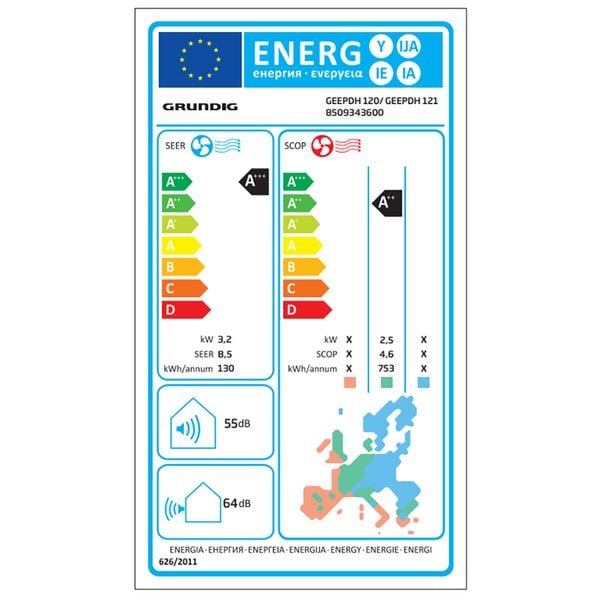 Aer Conditionat GRUNDIG GEEPDH120, 12000 BTU, A+++/A++, Wi-Fi, Functie Incalzire, Inverter, Kit Instalare Inclus, Argintiu