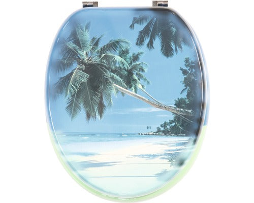 Capac WC ADOB Koh Samui, decor palmieri, din lemn, inchidere simpla, 43x37 cm