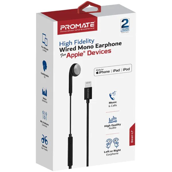 Casca PROMATE Beat-LT, Cu fir, In-ear, Microfon, Lightning, Negru