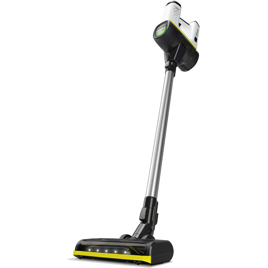 Aspirator vertical Karcher VC 6 Cordless ourFamily Battery Plus, 250 W, 2 acumulatori 25,2 V/2,5 Ah, autonomie max. 50 min, recipient 0,8 l, filtru HEPA 12, duza activa cu LED, suport de perete, 2 trepte de putere, functie Boost, 1.198-677.0, Alb/Negru