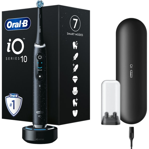 Periuta de dinti electrica Oral-B iO10 cu incarcator iOSense, Tehnologie Magnetica si Micro-Vibratii, Inteligenta artificiala, Display led, Senzor de presiune Smart, 7 moduri, 1 capat, Suport rezerve, Trusa de calatorie cu incarcator, Negru
