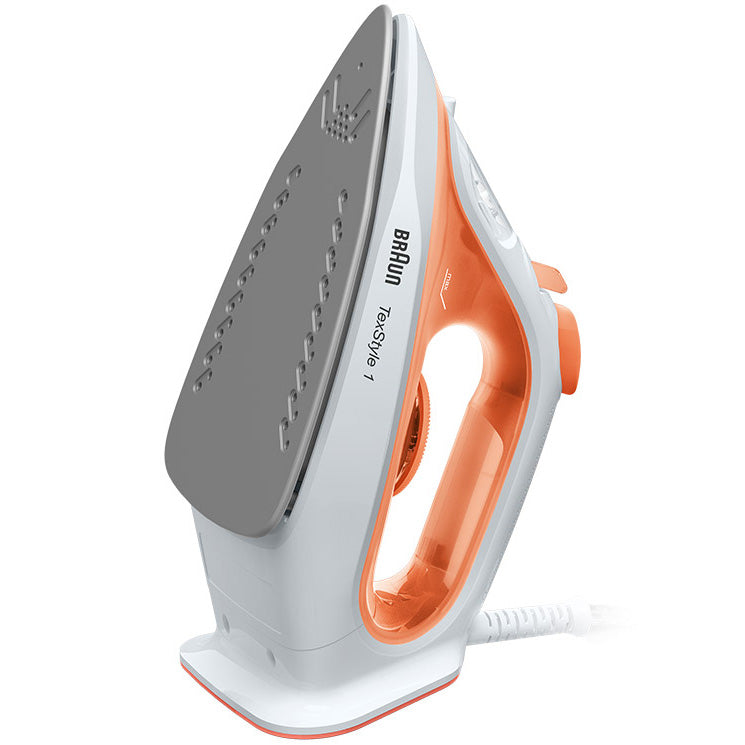 Fier de calcat Braun TexStyle 1 SI1009OR, 1900W, jet de abur 120g/min, abur variabil 25g/min, rezervor 220 ml, talpa antiaderenta, sistem antipicurare, alb/portocaliu