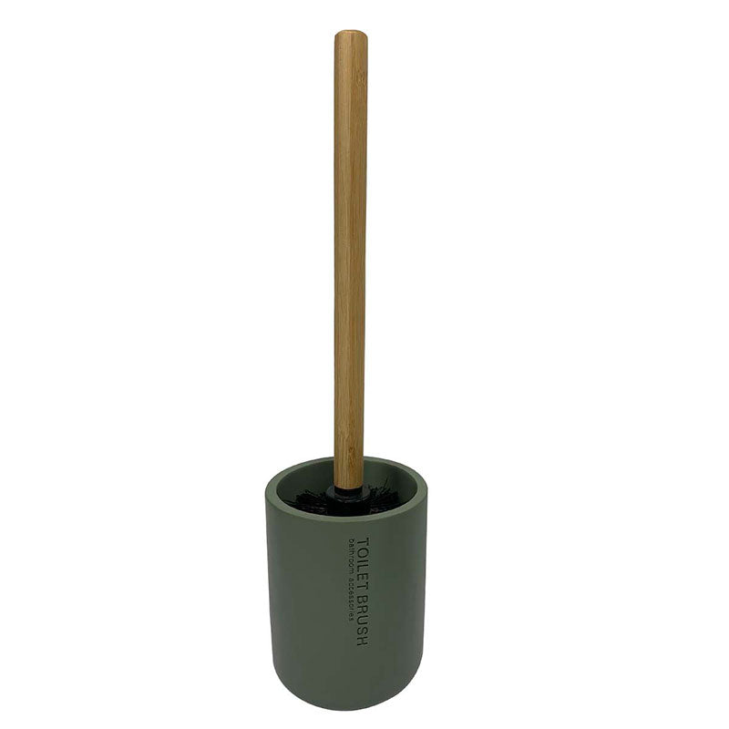 Suport din polirasina si perie wc cu maner din bambus, Frandis, 9.5x37 cm, verde maslin/natur