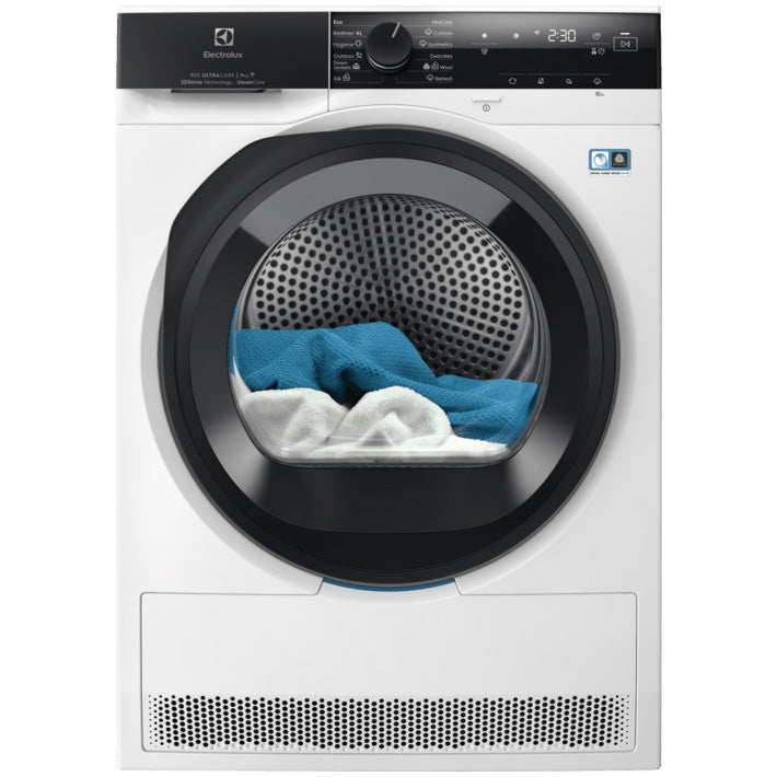Uscator de rufe Electrolux EW8D495MC, Pompa de caldura, 8 kg, Clasa C, Sistem uscare SteamCare+Sensicare+senzori 3DSense, Motor Inverter, Iluminare tambur, Usa reversibila, Alb