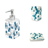 Set dozator, pahar si savoniera, Frandis, ceramica, alb/albastru/bej, model Mosaique