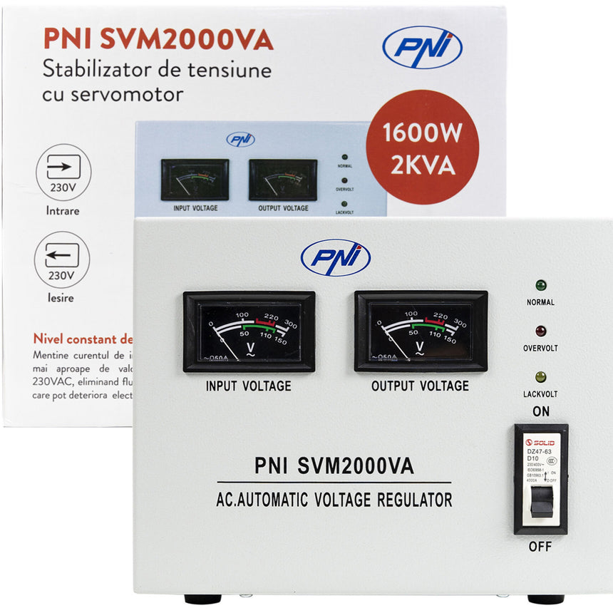 Stabilizator de tensiune PNI SVM2000VA cu servomotor, 1600W, 7.2A, iesire 230V