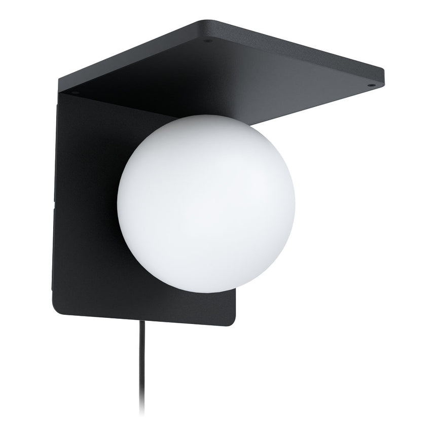 Aplica CIGLIE, EGLO, E14, 1x40W, aluminiu turnat, negru, sticla alba, opal mat, 18 x 18 x 21 cm, intrerupator pe fir, incarcare wireless pentru dispozitive